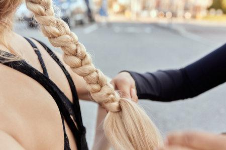 weave braid girl in a hair salon.の写真素材