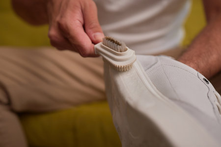 Cleaning suede sneakers. A worker in a shoe workshop cleans a pile of shoesの写真素材