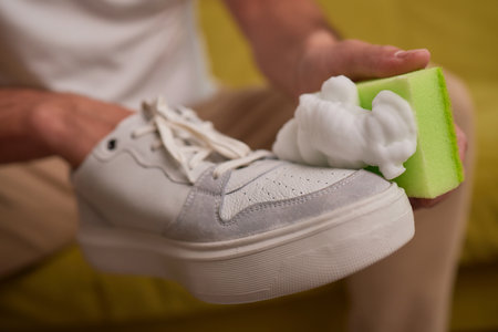 Cleaning suede sneakers. A worker in a shoe workshop cleans a pile of shoesの写真素材