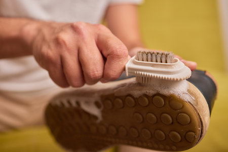 Cleaning suede sneakers. A worker in a shoe workshop cleans a pile of shoesの写真素材