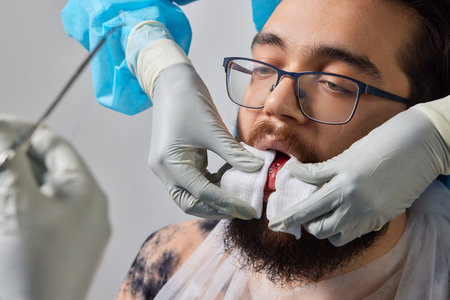 tongue splitting. cutting the tongue, one type of modification of the human body. surgery concept.の写真素材