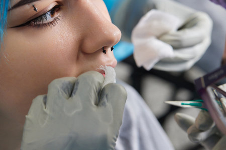 tongue splitting. cutting the tongue, one type of modification of the human body. surgery concept.の写真素材