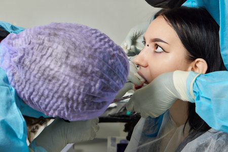 tongue splitting. cutting the tongue, one type of modification of the human body. surgery concept.の写真素材