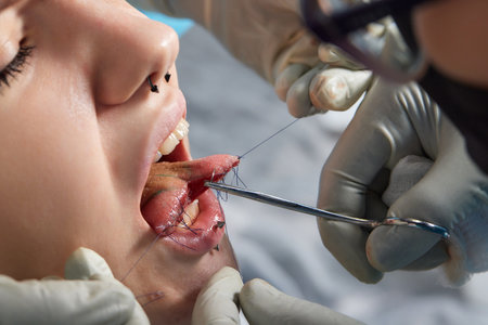tongue splitting. cutting the tongue, one type of modification of the human body. surgery concept.の写真素材