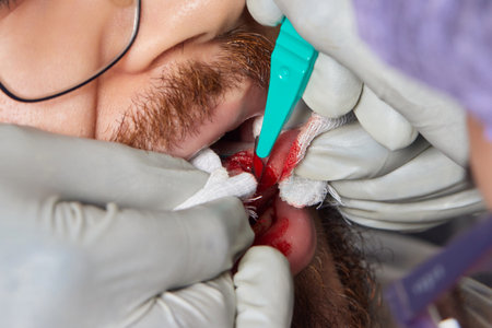 tongue splitting. cutting the tongue, one type of modification of the human body. surgery concept.の写真素材