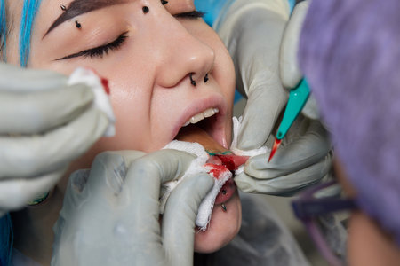 tongue splitting. cutting the tongue, one type of modification of the human body. surgery concept.の写真素材