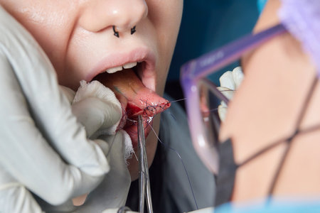tongue splitting. cutting the tongue, one type of modification of the human body. surgery concept.