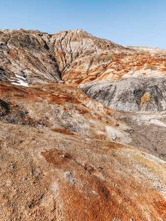 Clay Open Quarry Mars Landscape with Orange Water. Abandoned Rock Texture Old Porcelain Pit Mine in Ural. Erosion Crack Hill Desert Surface.の写真素材