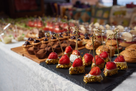 light snacks for the holiday, catering. Various light snacks. Catering plate. Assortment of sandwiches on the buffet table. meat, fish, vegetable canapes.の写真素材