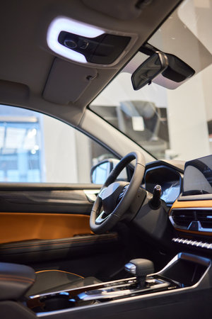 Car inside. Interior of prestige modern car. Comfortable leather seatsの写真素材