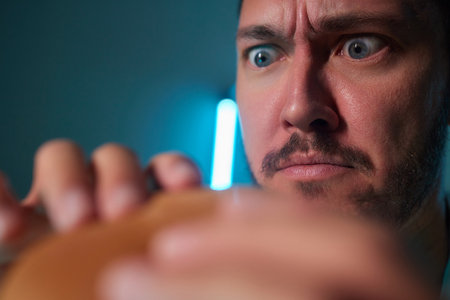 Guy with a beard biting a hamburger while sitting in a dining room at home