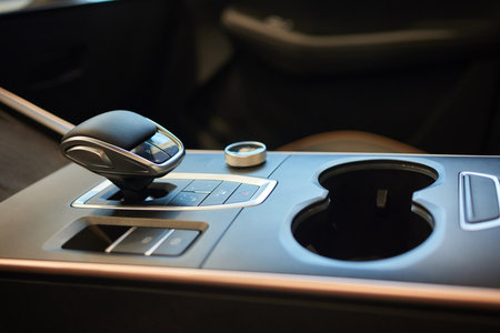 Selector automatic transmission with leather in the interior of a modern expensive car. The...