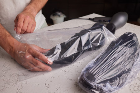 vacuum packing sneakers. for seasonal storage close-up.の写真素材