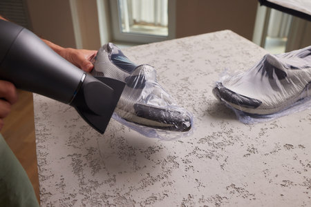 vacuum packing sneakers. for seasonal storage close-up.の写真素材