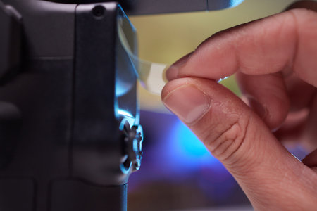 Accessories for video and photo shooting, extreme close up details. Action. Professional new modern electronic stabilizer details.の写真素材