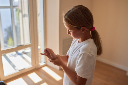 preteen girl puts modern smart watch on hands standing at home. Schoolgirl using touchscreen display on watches browsing internetの写真素材