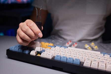top view of keys and buttons circuit board of disassembled accounting calculator close upの写真素材