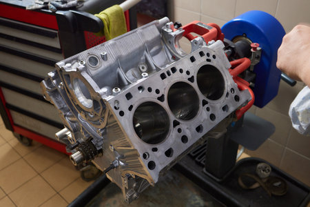 the engine ready to be reassembled on the car
