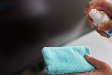 computer cleaning cloth to disinfect the office office cleaning staff cleaning maidの写真素材