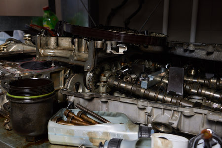 piston and connecting rod on the table, disassembled engine, repairing an engine