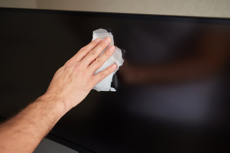 cleaning pc monitor an hand hold a rag