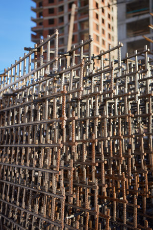 Reinforcement steel rod at construction site. Construction rebar steel work reinforcement. Rebar...