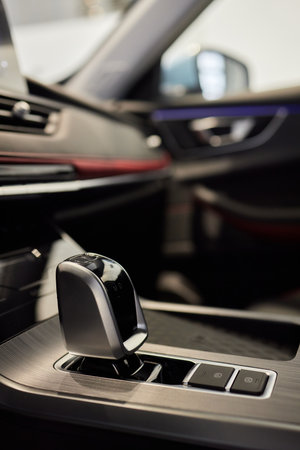 Selector automatic transmission with leather in the interior of a modern expensive car. The...