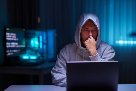 Hacker using the computer. Man in a hoodie breaks the access to steal information and infects computers and systemsの写真素材
