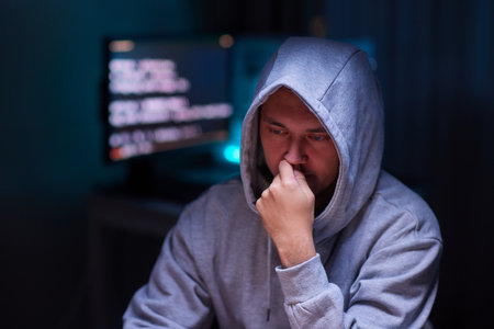 Hacker using the computer. Man in a hoodie breaks the access to steal information and infects computers and systemsの写真素材
