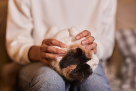young man holding and petting cute cat male