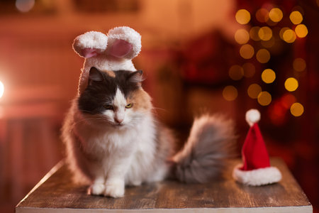 A gray cat in a red knitted hat and scarf sits on a wooden background in New Years decorations. Gift bag. Christmas with pets. New Years costume for the cat.の写真素材