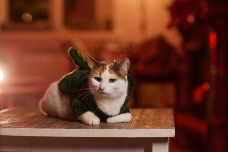 A gray cat in a red knitted hat and scarf sits on a wooden background in New Years decorations. Gift bag. Christmas with pets. New Years costume for the cat.の写真素材
