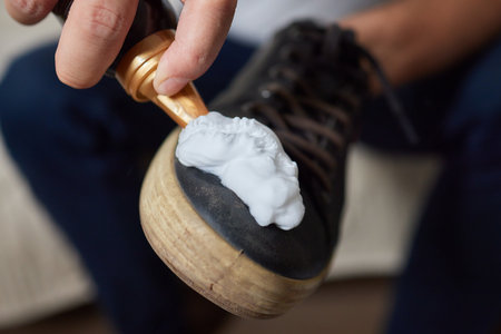 Cleaning suede sneakers. A worker in a shoe workshop cleans a pile of shoesの写真素材