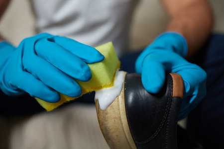 Cleaning suede sneakers. A worker in a shoe workshop cleans a pile of shoesの写真素材