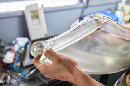 Car headlight in repair close-up. The car mechanic installs the lens in the headlight housing. The concept of a car serviceの写真素材