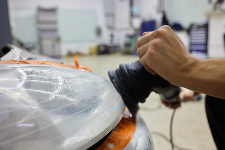 Big headlight cleaning on the car with power buffer machine at service station ,Before and after...