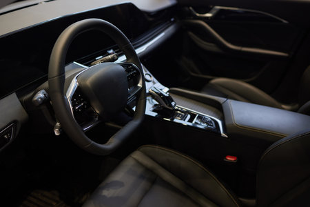 Car inside. Interior of prestige modern car. Comfortable leather seats