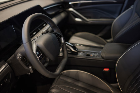 Car inside. Interior of prestige modern car. Comfortable leather seatsの写真素材
