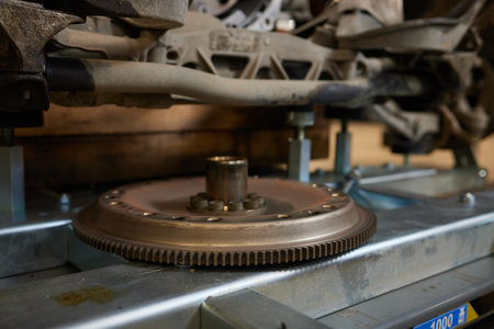 Closeup disassembled car automatic transmission gear part on workbench at garage or repair factory...