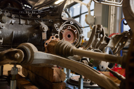 Closeup disassembled car automatic transmission gear part on workbench at garage or repair factory...