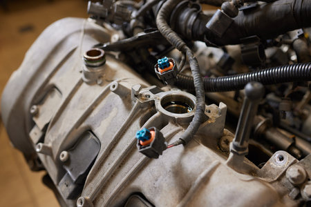 Engine valve car maintenance. The cylinder block of the four-cylinder engine. Disassembled motor vehicle for repair.の写真素材