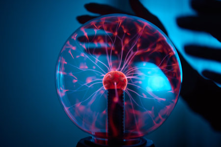 plasma ball. Hands holding plasma light ball. Plasma ball light ray science. Finger touching Plasma ball with smooth magenta blue flames. Electromagnetic Fields in a glass globe.の写真素材