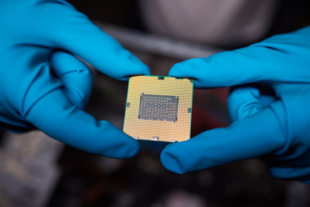 Cropped image of an engineer showing a computer microchip on the foreground