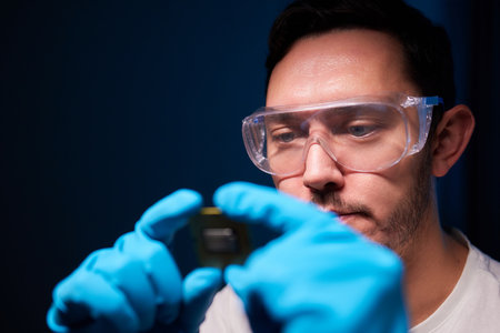 Cropped image of an engineer showing a computer microchip on the foregroundの写真素材