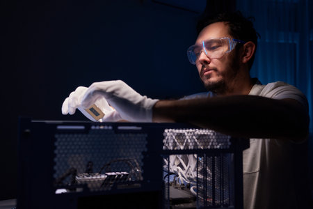 Cropped image of an engineer showing a computer microchip on the foreground
