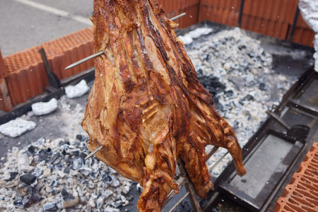 Lamb on skewer grilled using hot charcoalの写真素材