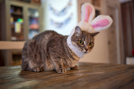 A gray cat in a red knitted hat and scarf sits on a wooden background in New Years decorations. Gift bag. Christmas with pets. New Years costume for the cat.の写真素材