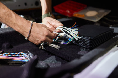 Technician installing the car audio processor Car audio installation concept.
