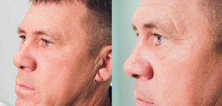 Close-up of procedure for face lifting PDO Suture operation, face lifting surgery. innovative technique of New thread lift, NovaThreads and Silhouette InstaLift mens bags under the eyes.の写真素材