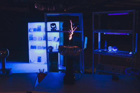 lightning on a black background - corona discharge of Tesla coil.